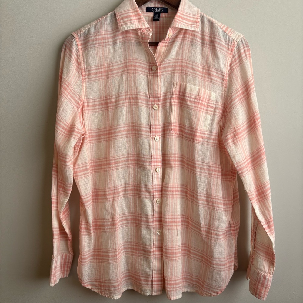 Chaps Women’s Plaid Button Down Shirt Medium Pink White Lightweight Cotton